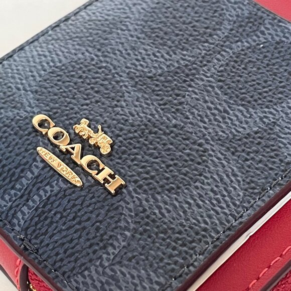 Coach Zip Card Case Wallet CW883 Blue Denim Red Canvas Chain Strap ID - Picture 4 of 6